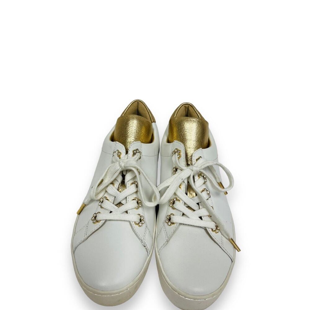 MICHAEL KORS White Gold Leather Irving Floral Accent Logo Lace Up Sneakers 6.5 - Picture 4 of 7